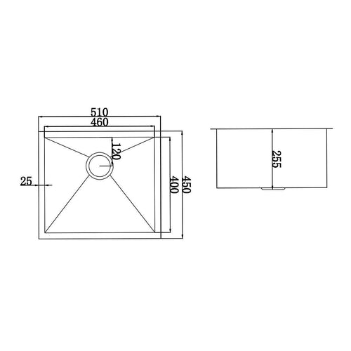510x450mm Stainless Steel Handmade 1.2mm Sink with Waste in Stainless Steel 304 Finish
