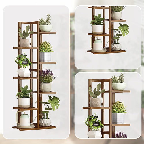 6 Tiers Vertical Bamboo Plant Stand Staged Flower Shelf Rack Outdoor Garden - Dark Wood