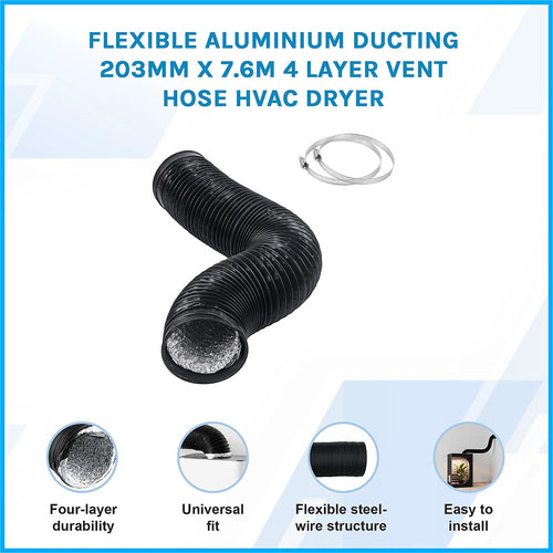 Flexible Aluminium Ducting 20.3cm x 7.6m – 4-Layer Vent Hose for HVAC & Dryers