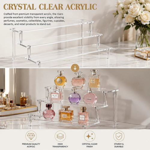2 Pack 3-Tier Acrylic Display Risers for Perfumes, Collectibles, Cupcakes & Retail Displays