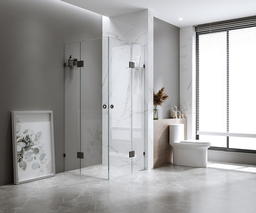 100x100cm Double Door Corner Shower – Black Wall F-Brackets with Brass Hinges for Modern Bathrooms