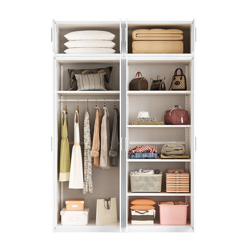 160x240cm 4-Door White Steel Hanging and Shelf Wardrobe with White Handle Storage Cabinet