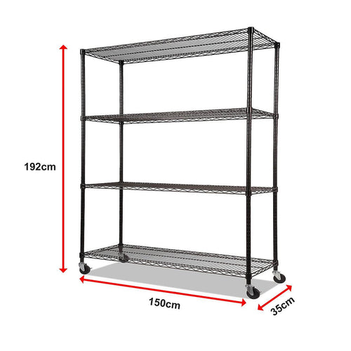 Modular Wire Storage Shelf 1500 x 350 x 1800mm Steel Shelving - Baking Black Technology with Wheels