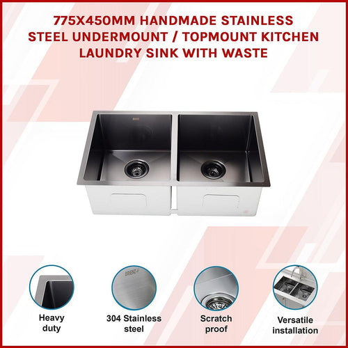 775x450mm Stainless Steel Handmade 1.5mm Sink with Waste in Black with sand finish Finish