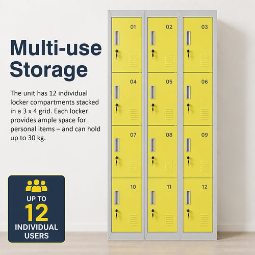 12-Door Steel Locker – Grey with Yellow Door, Standard Lock with 2 Keys