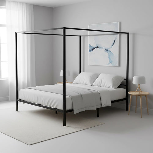 4-Poster King Bed Frame – Sturdy Black Modern Canopy Bed for Bedroom