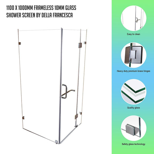 Frameless 10mm Glass Shower Screen 110 x 100cm Nickel Hinges/Brackets and Round Handle