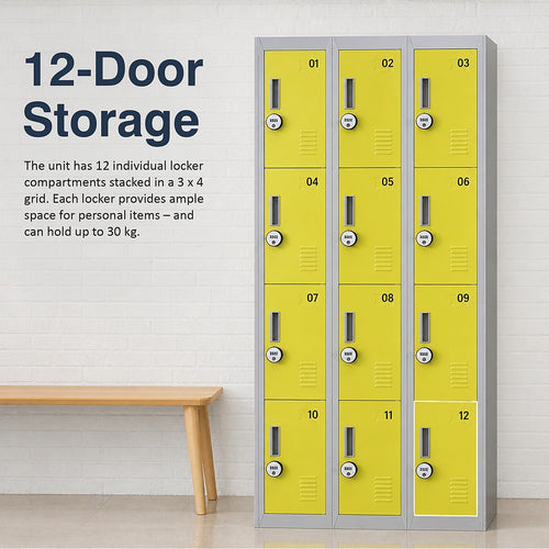 12-Door Steel Locker – Grey with Yellow Door, 4-Digit Combination Lock