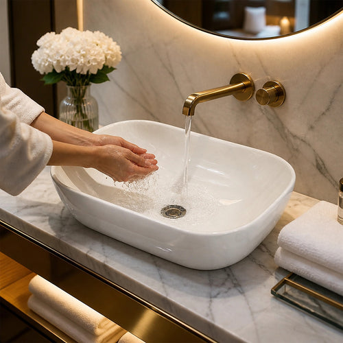 Ceramic Bathroom Basin – Vanity Sink Above Counter Top Mount Bowl for Modern Bathrooms