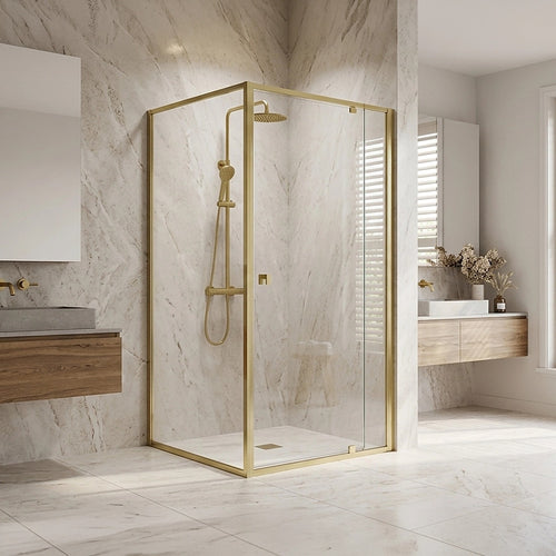 Adjustable Semi Frameless Shower Screen Front: (82~90)x195cm with Gold Hardware and Side: (77~80)x195cm