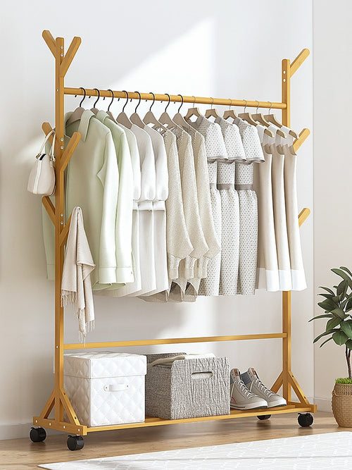 Portable Clothes Rack Coat & Garment Stand – Bamboo Rail Hanger Closet Airer in Wood