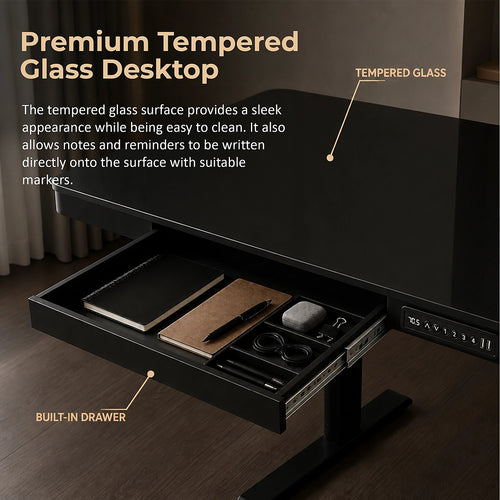 Electric Standing Desk 120x60cm Black Glass with Drawer & Wireless Charger
