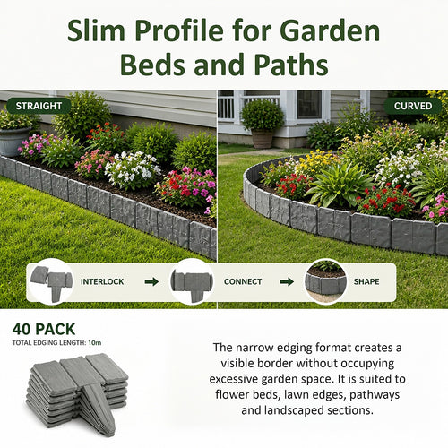 Garden Edging Border 10m 40 Pack Stone-Look PP Plastic Stakes