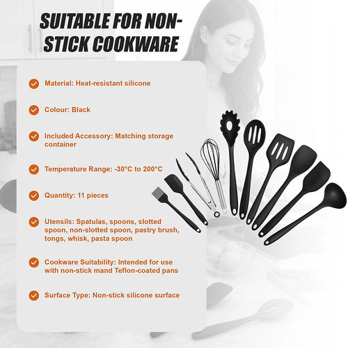 Silicone Kitchen Utensil Set – Black 11-Piece Set with Holder