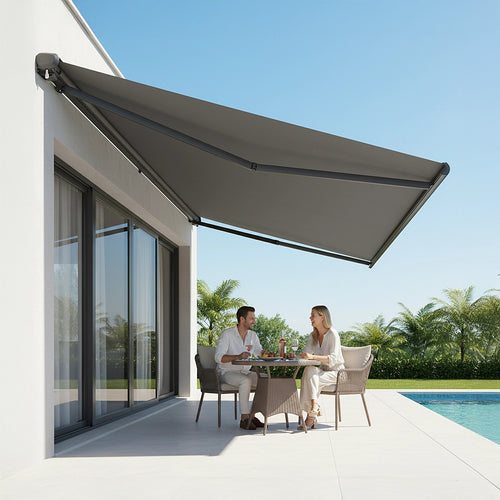 Heavy Duty Full Cassette Retractable Awning: Motorised 5.0 x 3.0m Grey Sunshade