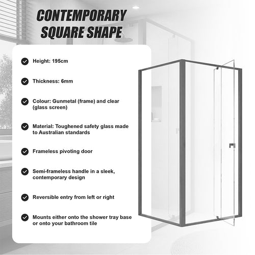 Semi-Frameless Shower Screen – Gunmetal, Front: (98~106)x195cm, Side: (89~92)x195cm