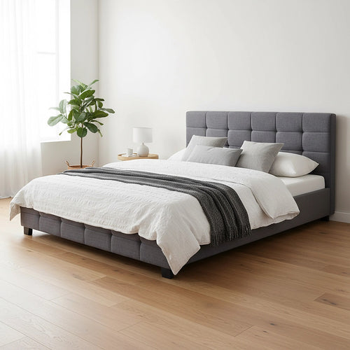 Queen Deluxe Grey Linen Fabric Upholstered Bed Frame with Headboard & Slats