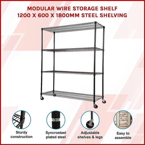 Modular Wire Storage Shelf 1200 x 600 x 1800mm Steel Shelving - Baking Black Technology with Wheels