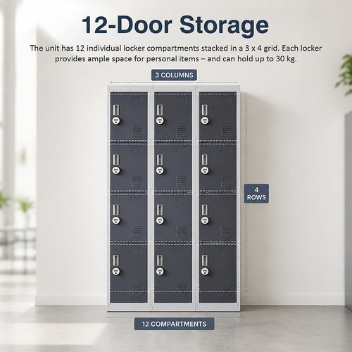 12-Door Steel Locker – Grey with Charcoal Door, 4-Digit Combination Lock