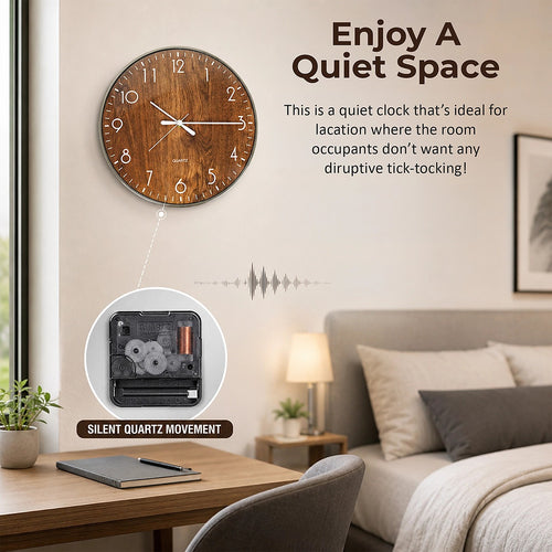 14-inch Round Wall Clock Silent Non-Ticking Quartz Battery Operated Wood Grain