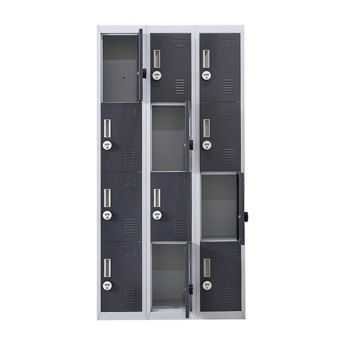 12-Door Steel Locker – Grey with Charcoal Door, 4-Digit Combination Lock