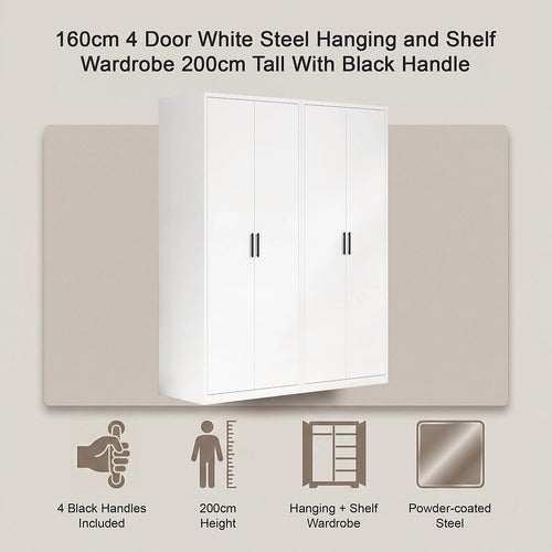160x200cm 4-Door White Steel Hanging and Shelf Wardrobe with Black Handle Storage Cabinet