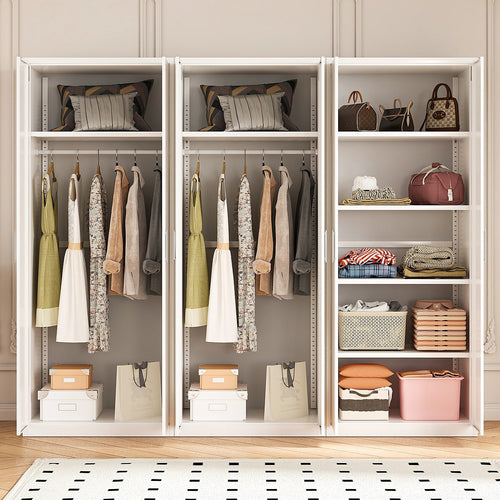 240x200cm 6-Door White Steel 2 Hanging and 1 Shelf Wardrobe with White Handle Storage Cabinet