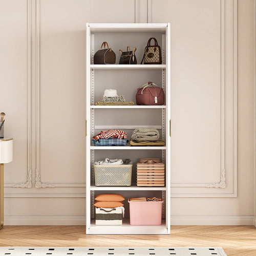 80x200cm 2-Door White Steel Shelf Wardrobe with Gold Handle Storage Cabinet