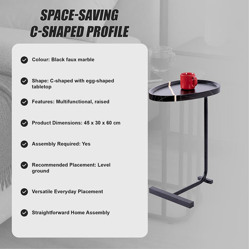 C-Shaped Side Table – Black Faux Marble for Small Spaces