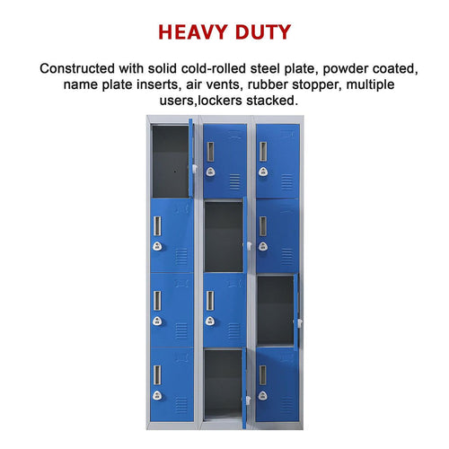 Grey with Blue Door 12-Door Locker for Office Gym Shed School Home Storage - 3-Digit Combination Lock