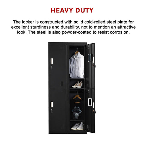 Black Four-Door Office Gym Shed Storage Locker- Standard Lock with 2 Keys