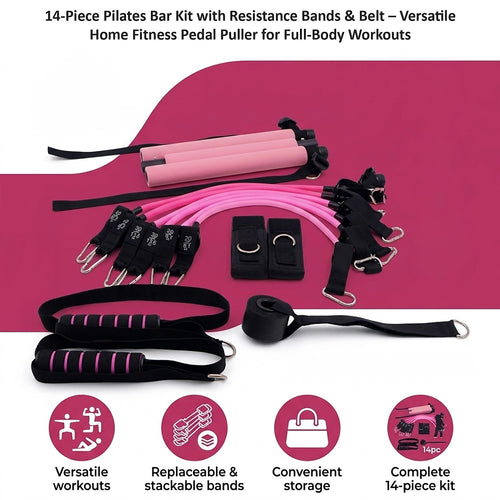 14-Piece Pilates Bar Kit with Resistance Bands & Belt – Versatile Home Fitness Pedal Puller for Full-Body Workouts