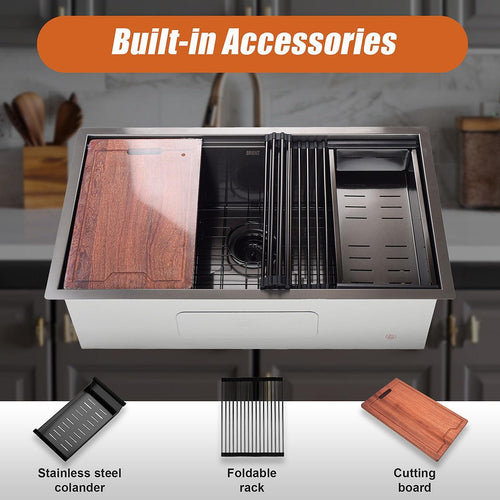 32" Workstation Kitchen Single Bowl Sink in Nano Black with Brushed Finish