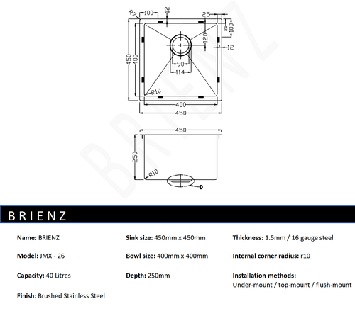 450x450mm Stainless Steel Handmade 1.5mm Sink with Waste in Stainless Steel with brushed finish Finish