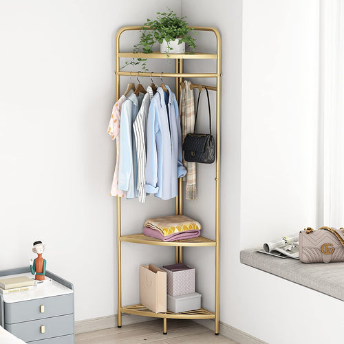 Corner Gold Clothing Rack – Stylish Metal Clothes Storage Stand for Bedroom & Wardrobe Organisation