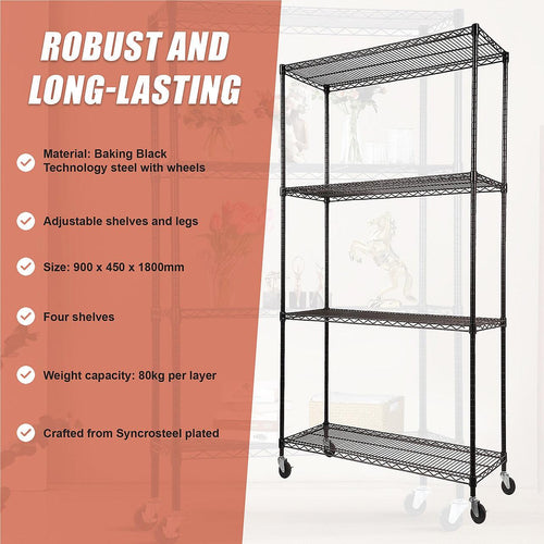 Modular Wire Storage Shelf 900 x 450 x 1800mm Steel Shelving - Baking Black Technology with Wheels