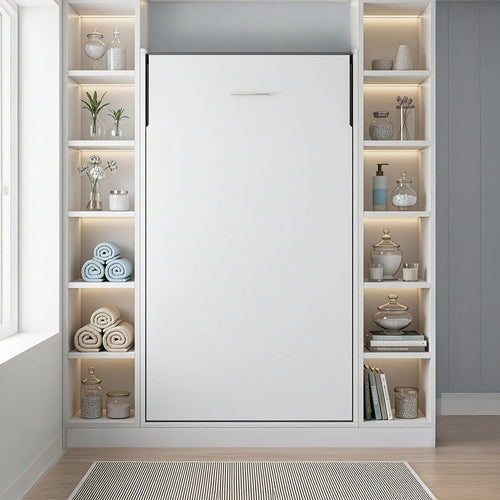 Single Wall Bed in White Gloss – Space Saving Murphy Bed Kit with Gold Door Handle