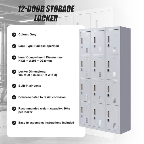 12-Door Steel Locker – Grey, Padlock-operated