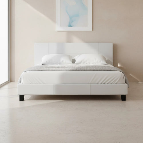 King Size Bed Frame with Headboard – White PU Leather