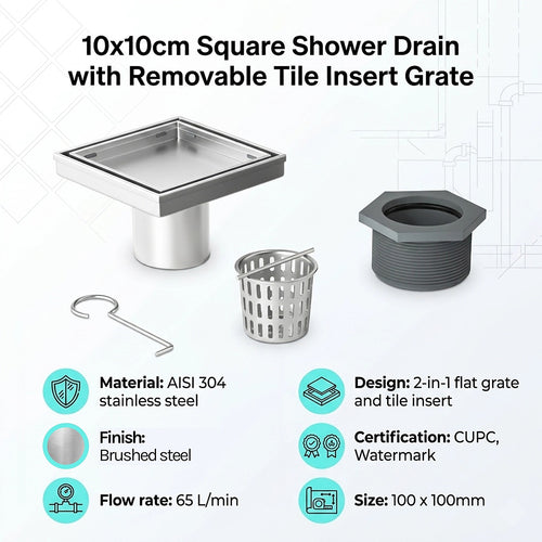 10x10cm Square Shower Drain with Tile Insert Grate – Stainless steel 304SS