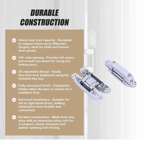 Hidden Door Hinges 180° Heavy Duty 3D Adjustable Silver 40kg Capacity