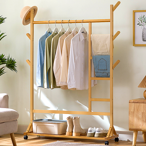 Portable Bamboo Clothes Rack with Garment Rail, Storage Shelves & Rolling Wheels