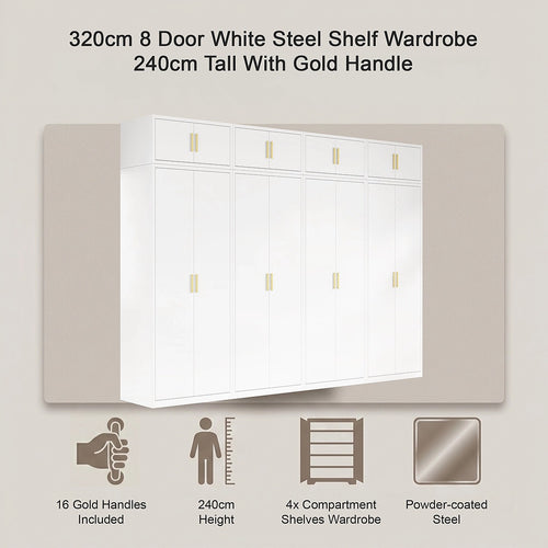 320x240cm 8-Door White Steel Shelf Wardrobe with Gold Handle Storage Cabinet