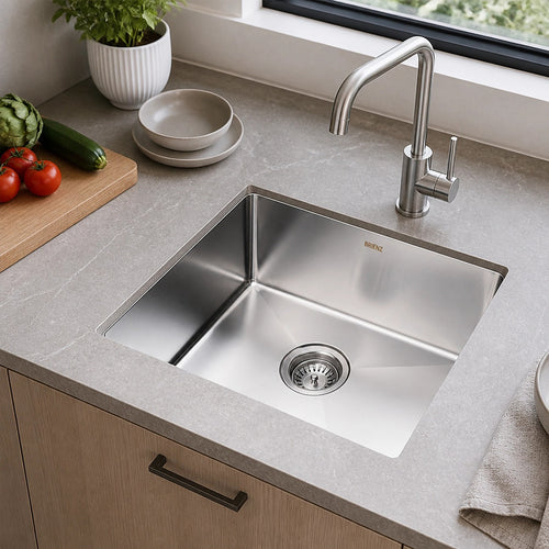 510x450mm Handmade 1.5mm Stainless Steel Sink – Undermount/Topmount with Waste & Stainless Steel with brushed finish Look