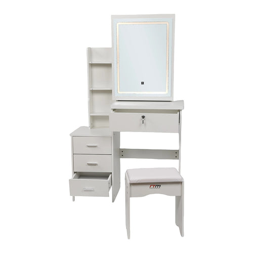 Makeup Vanity Table with LED Lighted Mirror & Stool – Bedroom Dressing Table with Storage Drawers