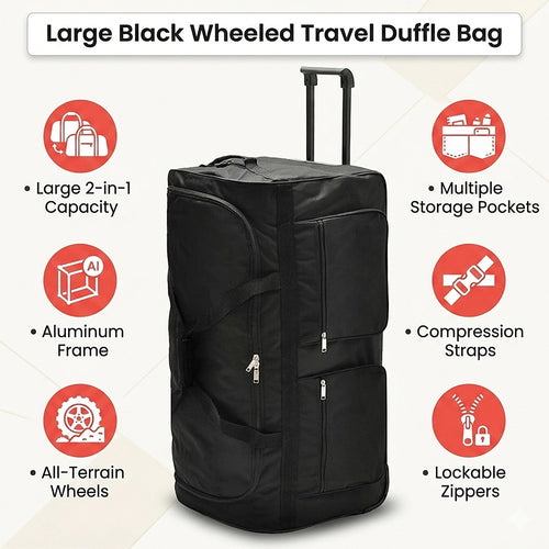Large Black Wheeled Travel Duffle Bag – Rolling Luggage Trolley