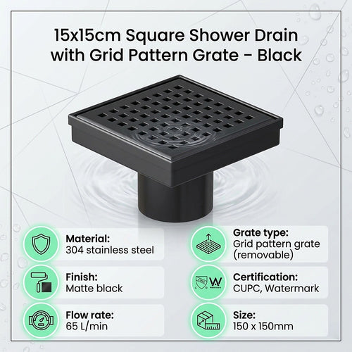 15 x 15cm Square Shower Drain with Grid Pattern Grate – Matte Black Stainless Steel