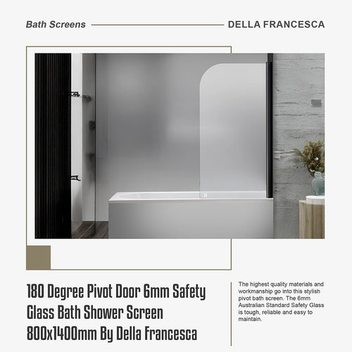 180° Black Pivot Door 6mm Safety Glass Bath Shower Screen By Della Francesca - 80 x 140cm