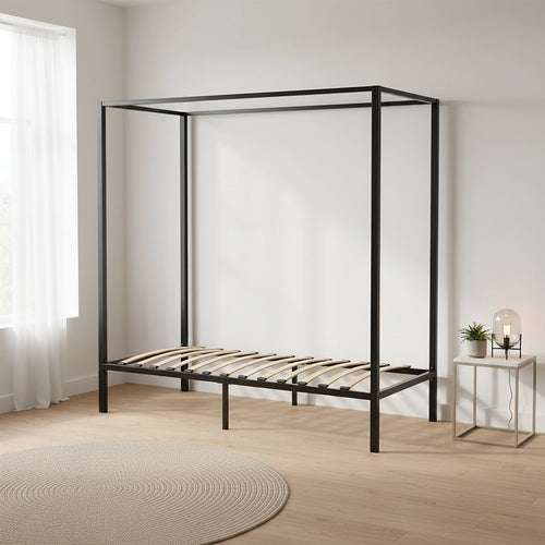 4-Poster Single Bed Frame – Sturdy Black Modern Canopy Bed for Bedroom