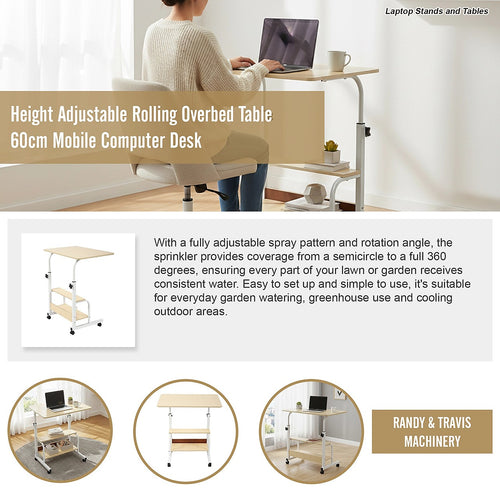 Height Adjustable Rolling Overbed Table 60cm Mobile Computer Desk for Home & Care